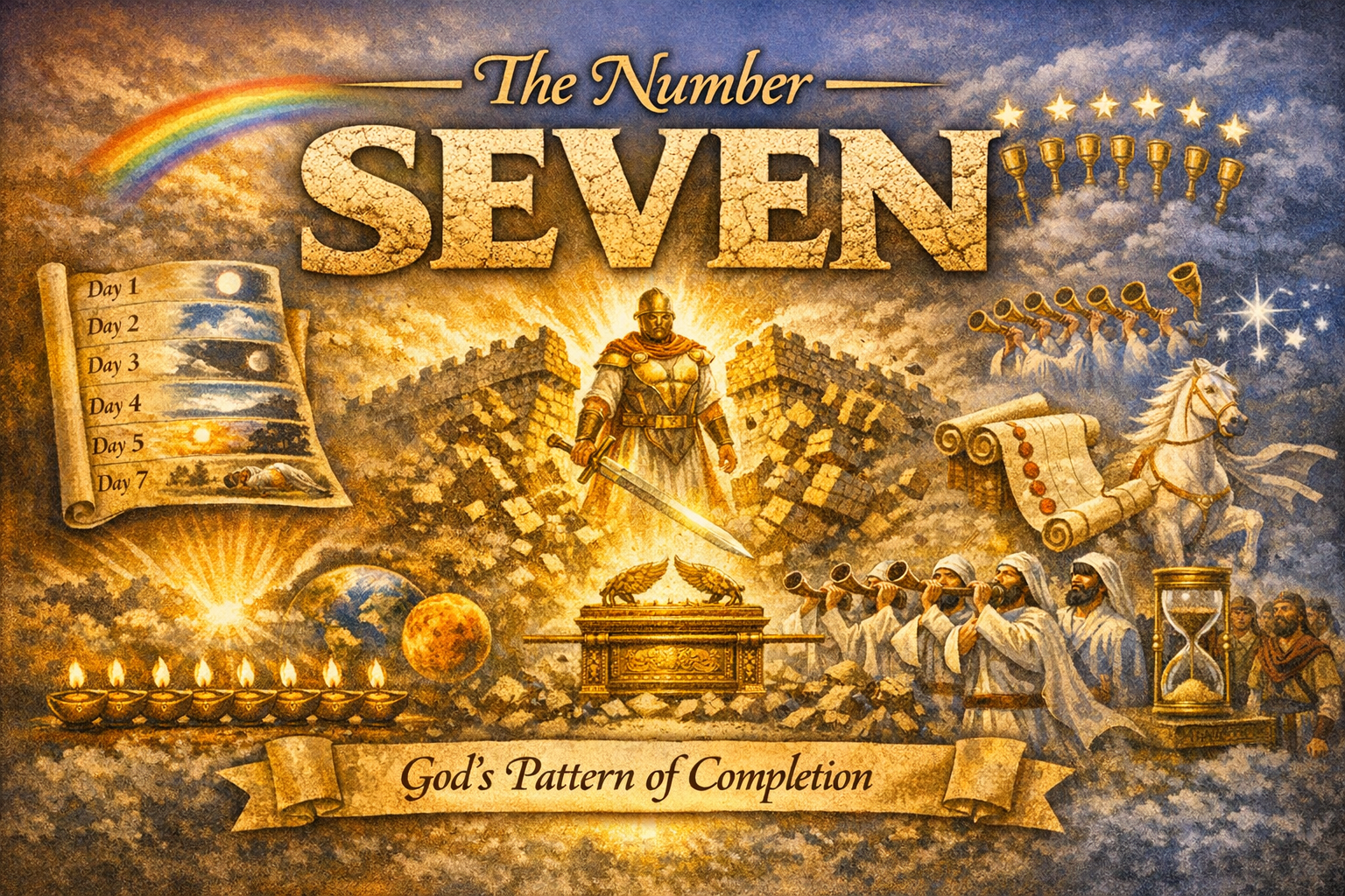 Illustration depicting the concept of the number seven in a religious context, featuring a warrior figure, a scroll with days of creation, symbols of completion, and angelic figures with a horse and trumpet.