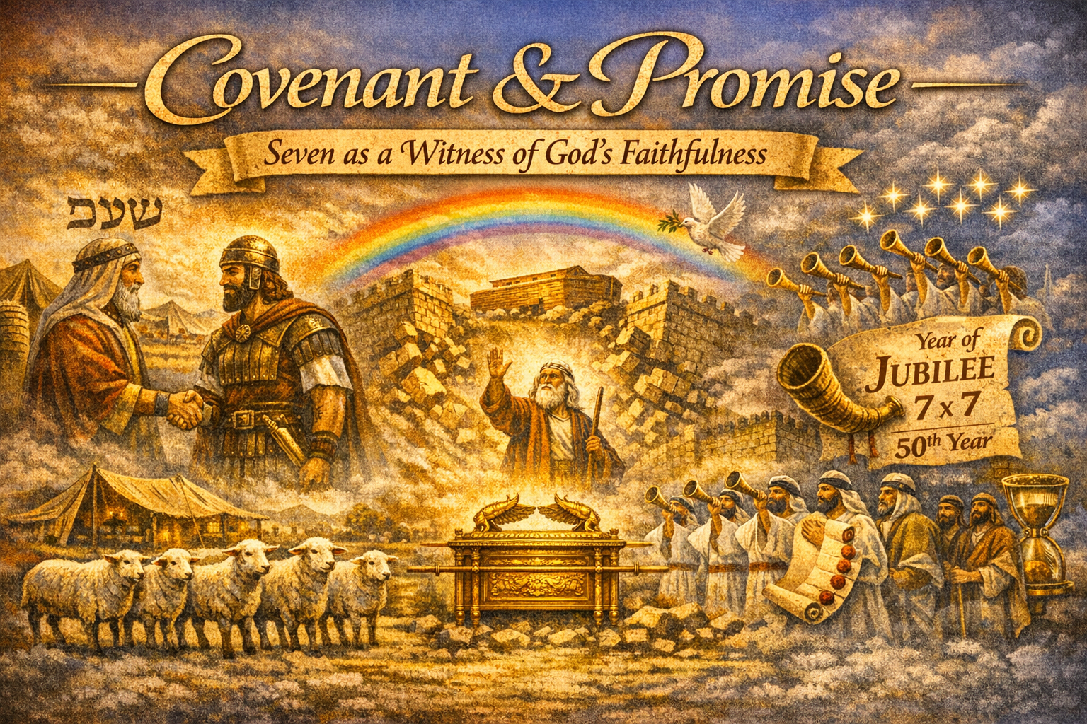 Artistic depiction of a biblical theme titled 'Covenant & Promise,' showcasing key elements such as a handshake between two figures, a rainbow, a dove, and symbolic elements representing the Year of Jubilee and God's faithfulness.
