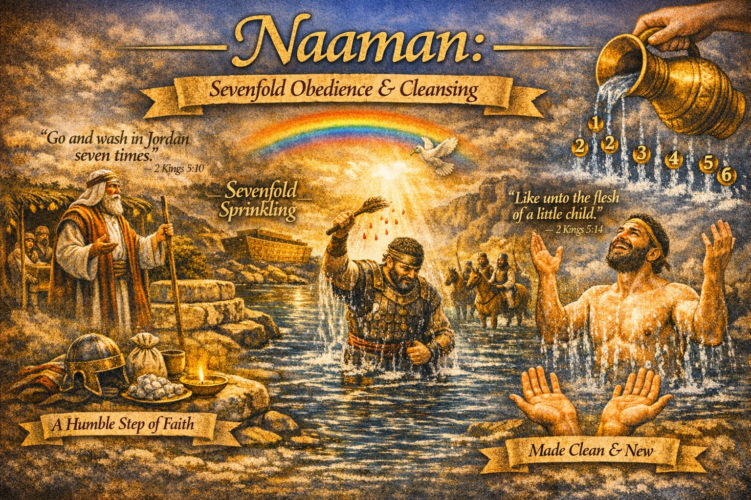 Illustration depicting the story of Naaman's healing from leprosy, featuring Naaman in the Jordan River, a prophet, and symbolic elements like a rainbow and hands representing cleansing and faith.