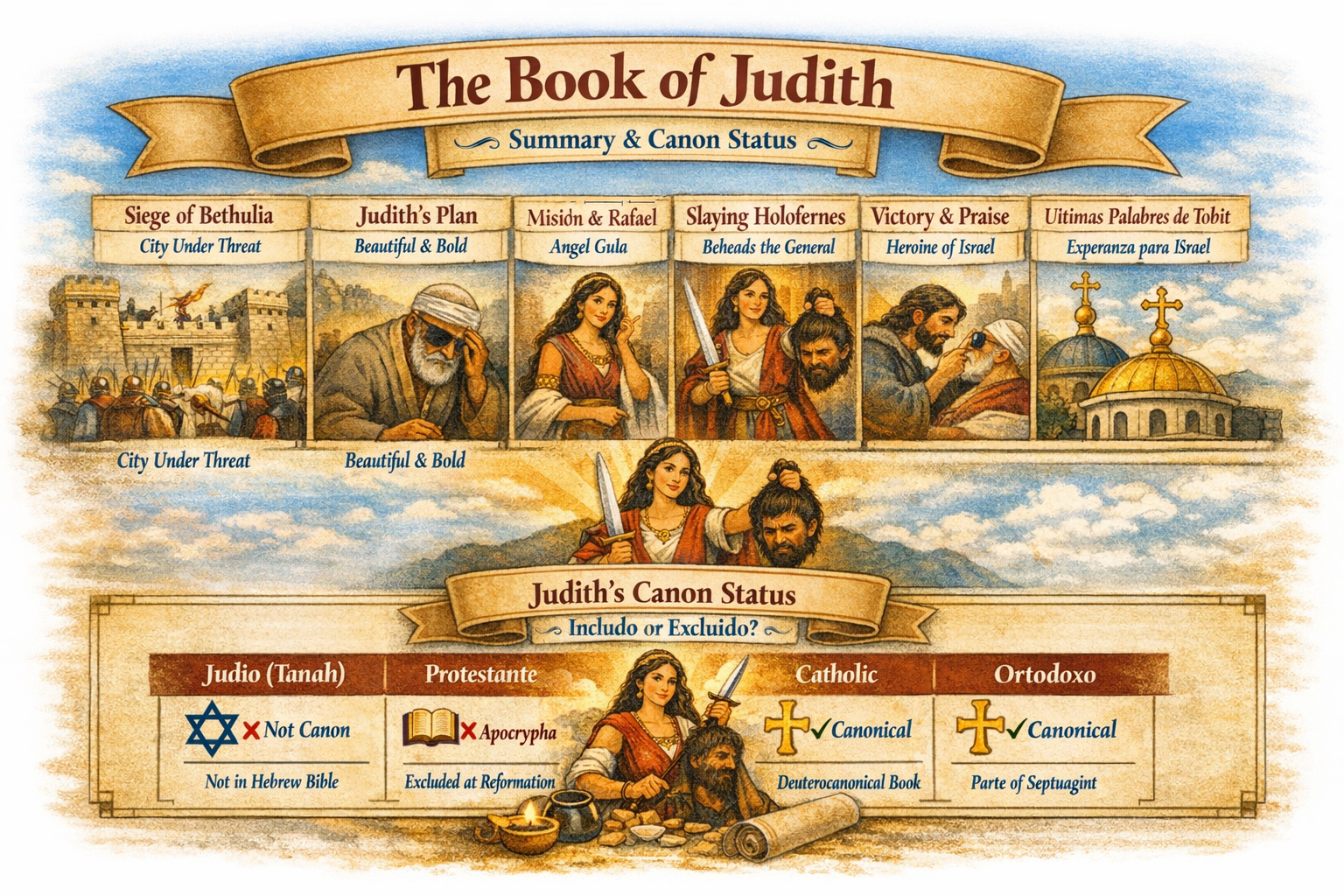 Infographic summarizing the Book of Judith, highlighting key events such as the Siege of Bethulia, Judith's plan, and her victory over Holofernes, along with the canon status across different religious traditions.