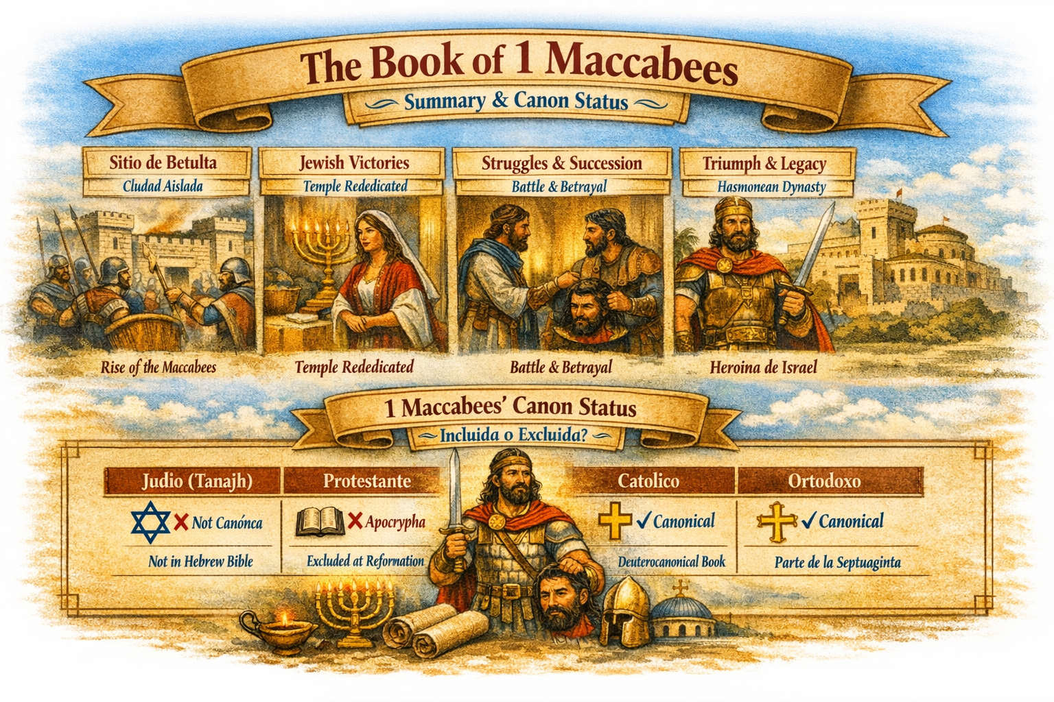 Infographic summarizing the Book of 1 Maccabees, detailing its historical context, key events like Jewish victories and struggles, and its canon status across different religions.