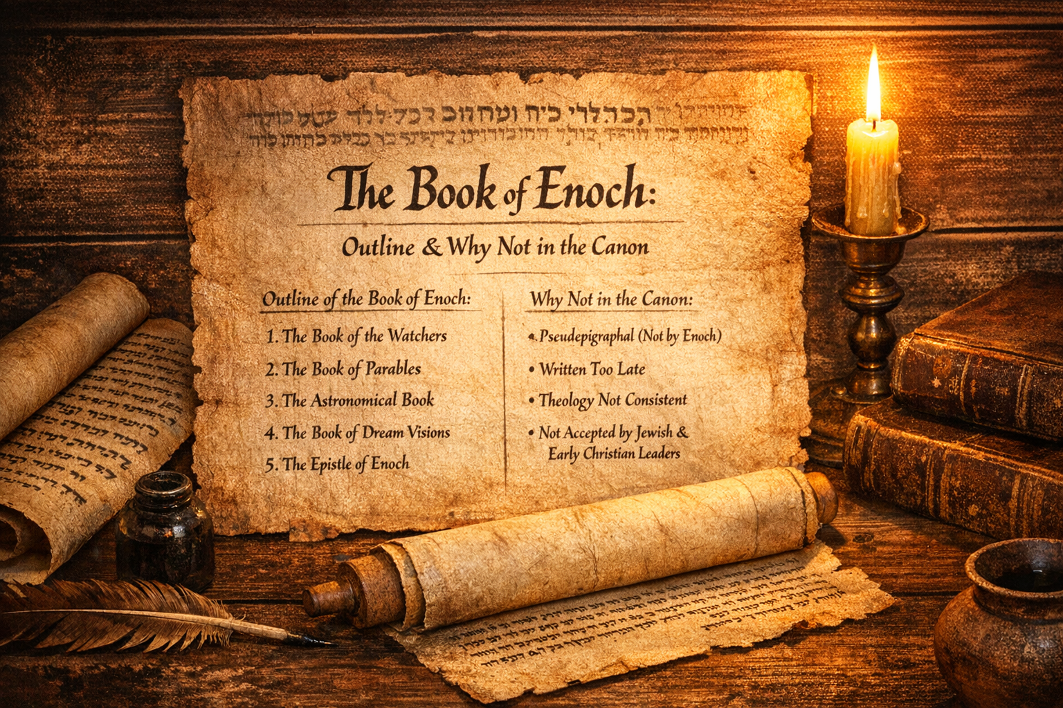 An ancient-looking scroll with handwritten text titled 'The Book of Enoch' on a wooden table, surrounded by a candle and other scrolls.