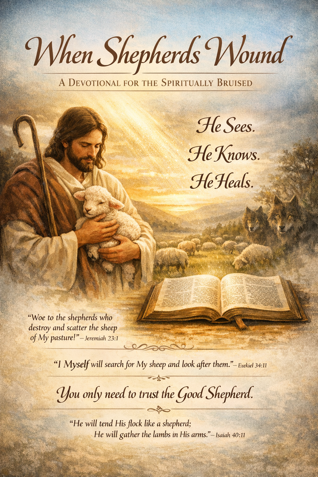 A devotional cover titled 'When Shepherds Wound' featuring an illustration of a shepherd holding a lamb, surrounded by sheep and a landscape. The top includes the subtitle 'A Devotional for the Spiritually Bruised,' and inspirational phrases about care and healing.