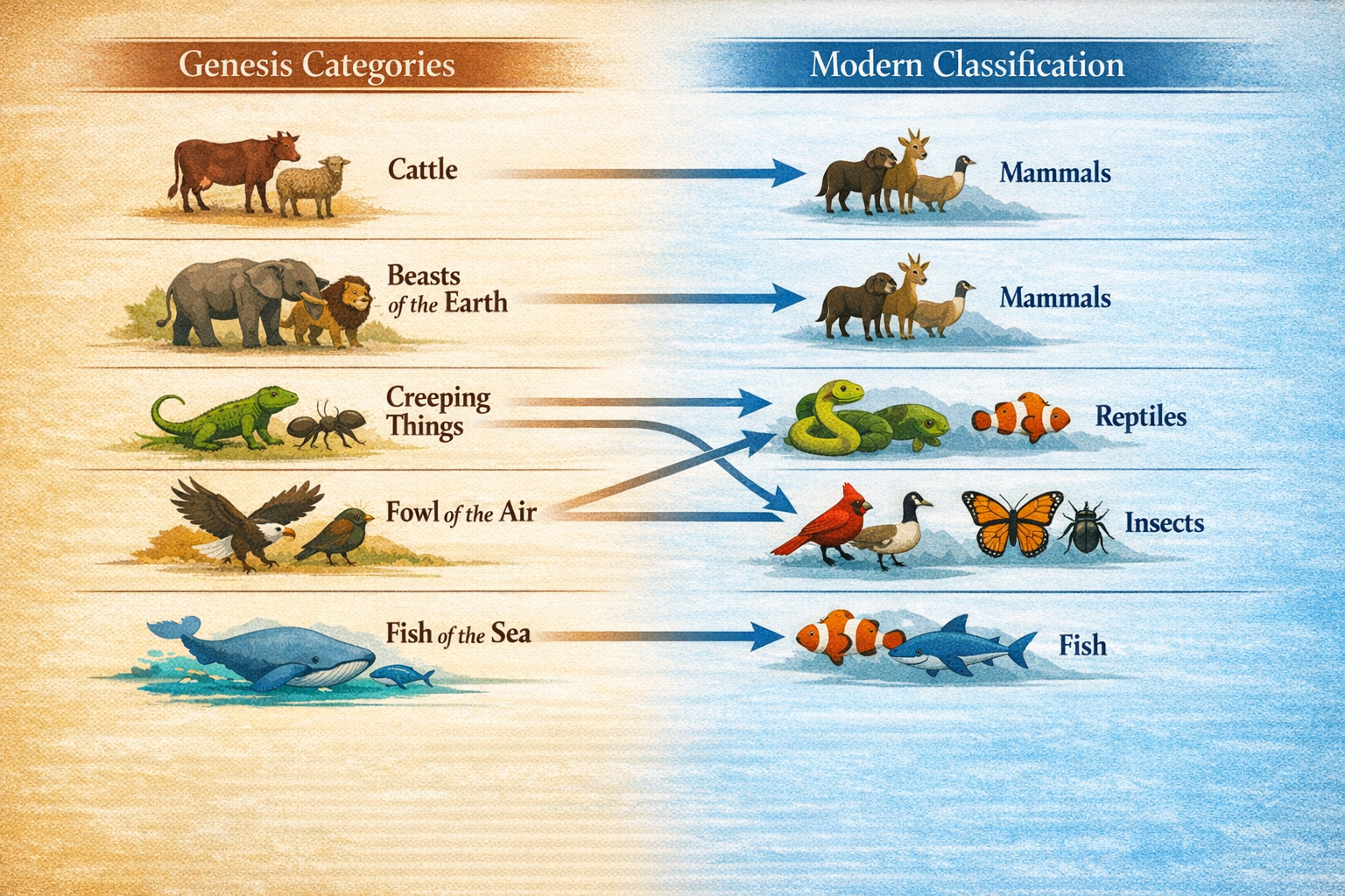 Comparison of Genesis animal categories to modern classifications, featuring illustrations of cattle, beasts of the earth, creeping things, fowl of the air, and fish of the sea with corresponding modern groups like mammals, reptiles, insects, and fish.