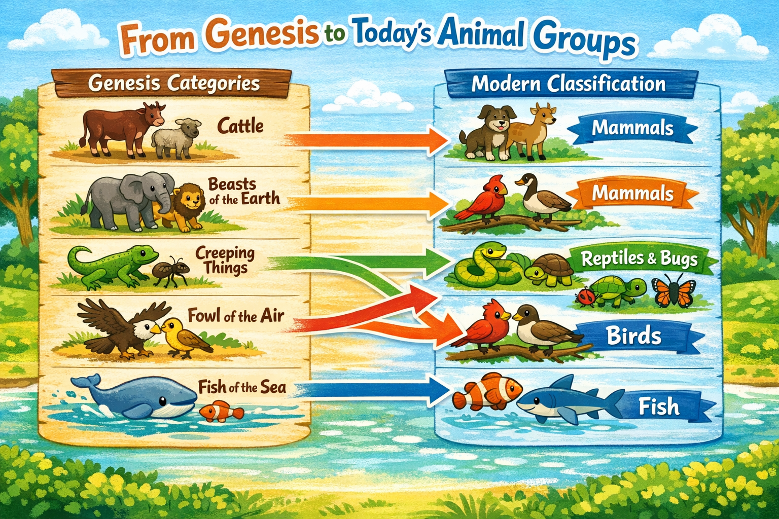 Infographic comparing animal classifications from Genesis to modern groups, illustrating categories like Cattle, Beasts of the Earth, Creeping Things, Fowl of the Air, and Fish of the Sea alongside their modern equivalents: Mammals, Reptiles & Bugs, Birds, and Fish.
