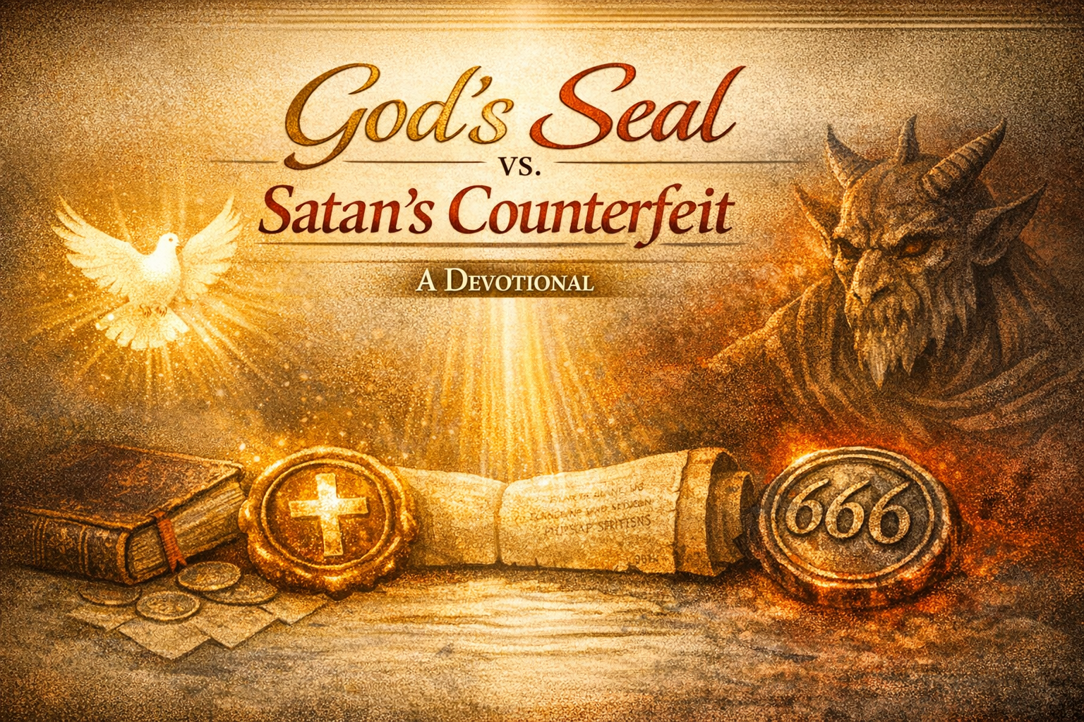 Artwork depicting a spiritual theme contrasting God's Seal with Satan's Counterfeit, featuring a dove, a cross, biblical imagery, and a demonic figure, illustrated in warm tones.