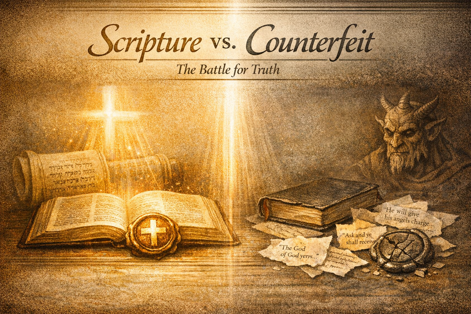 An artistic depiction contrasting scripture and counterfeit beliefs, featuring an open Bible and a cross on one side, and a figure representing darkness and torn pages on the other, with the title 'Scripture vs. Counterfeit: The Battle for Truth.'