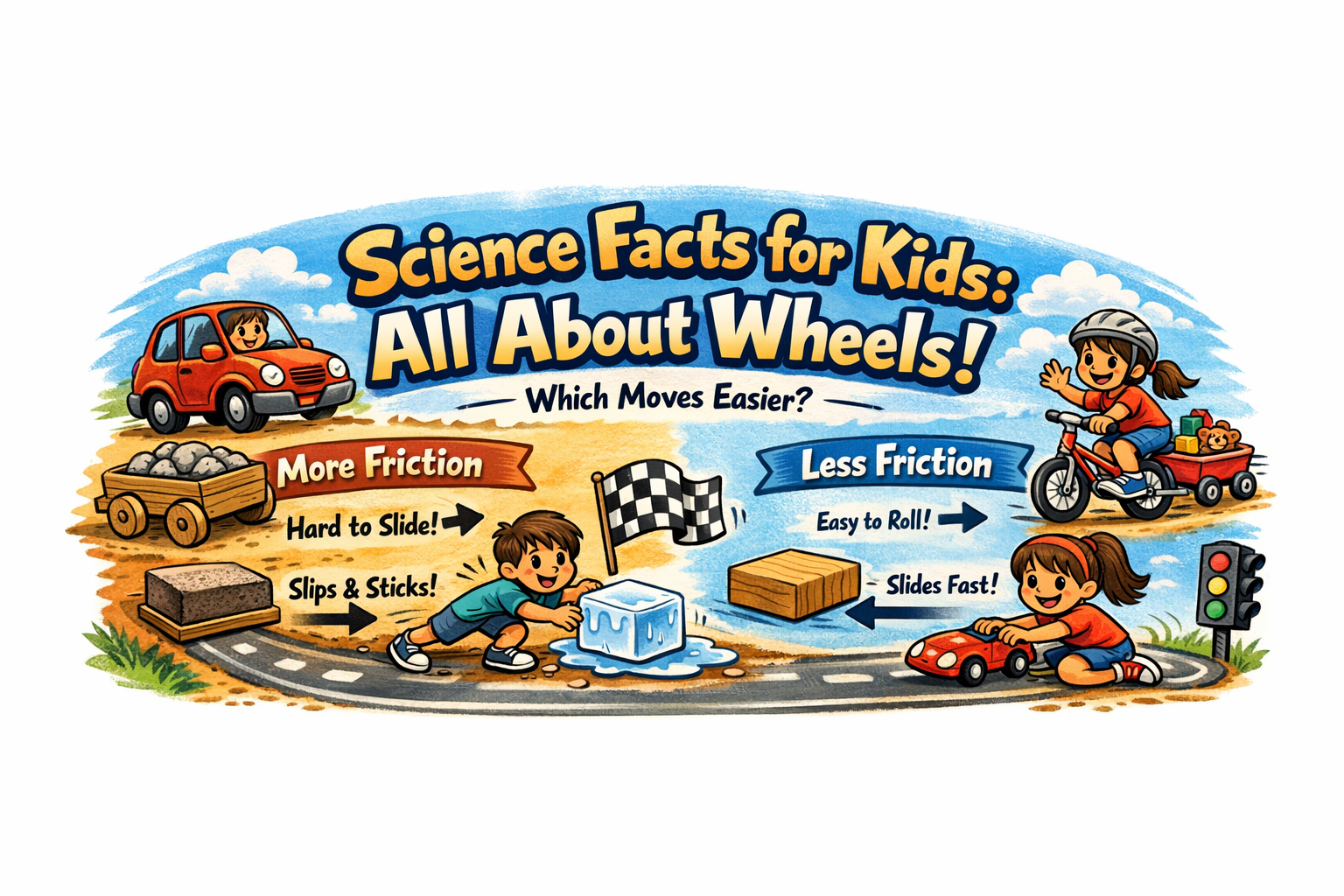 Colorful illustration titled 'Science Facts for Kids: All About Wheels!' featuring a car and a child riding a bike. It compares more and less friction with visuals of rocks, a slide, and blocks, explaining movement ease with arrows and phrases.