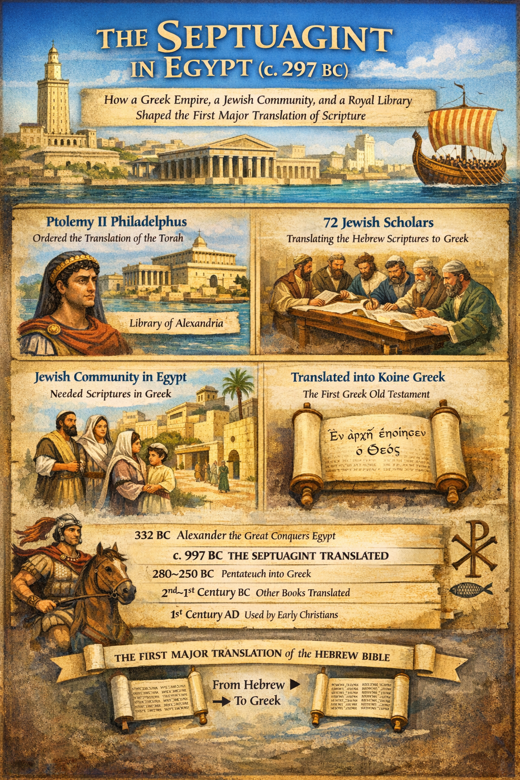 Illustration depicting the historical context of the Septuagint in Egypt around 297 BC, including Ptolemy II Philadelphus ordering the translation, 72 Jewish scholars translating Hebrew scriptures to Greek, and the role of the Library of Alexandria.