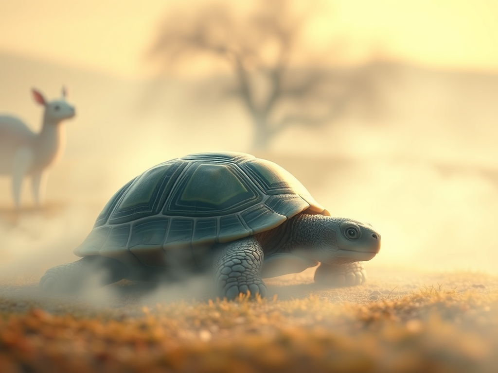 A turtle walking on a misty landscape with soft background light and a deer partially visible in the distance.