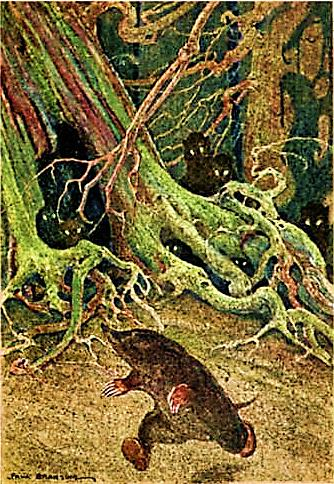 An artistic illustration of a mole in a dark, twisted forest area with shadowy figures in the background and intricate roots in the foreground.