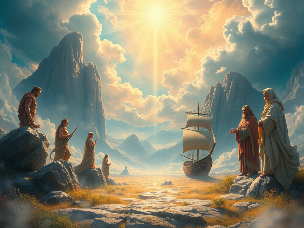 A serene landscape depicting ancient figures on rocky terrain, with a ship in the background and mountains enveloped in clouds under a bright sun.