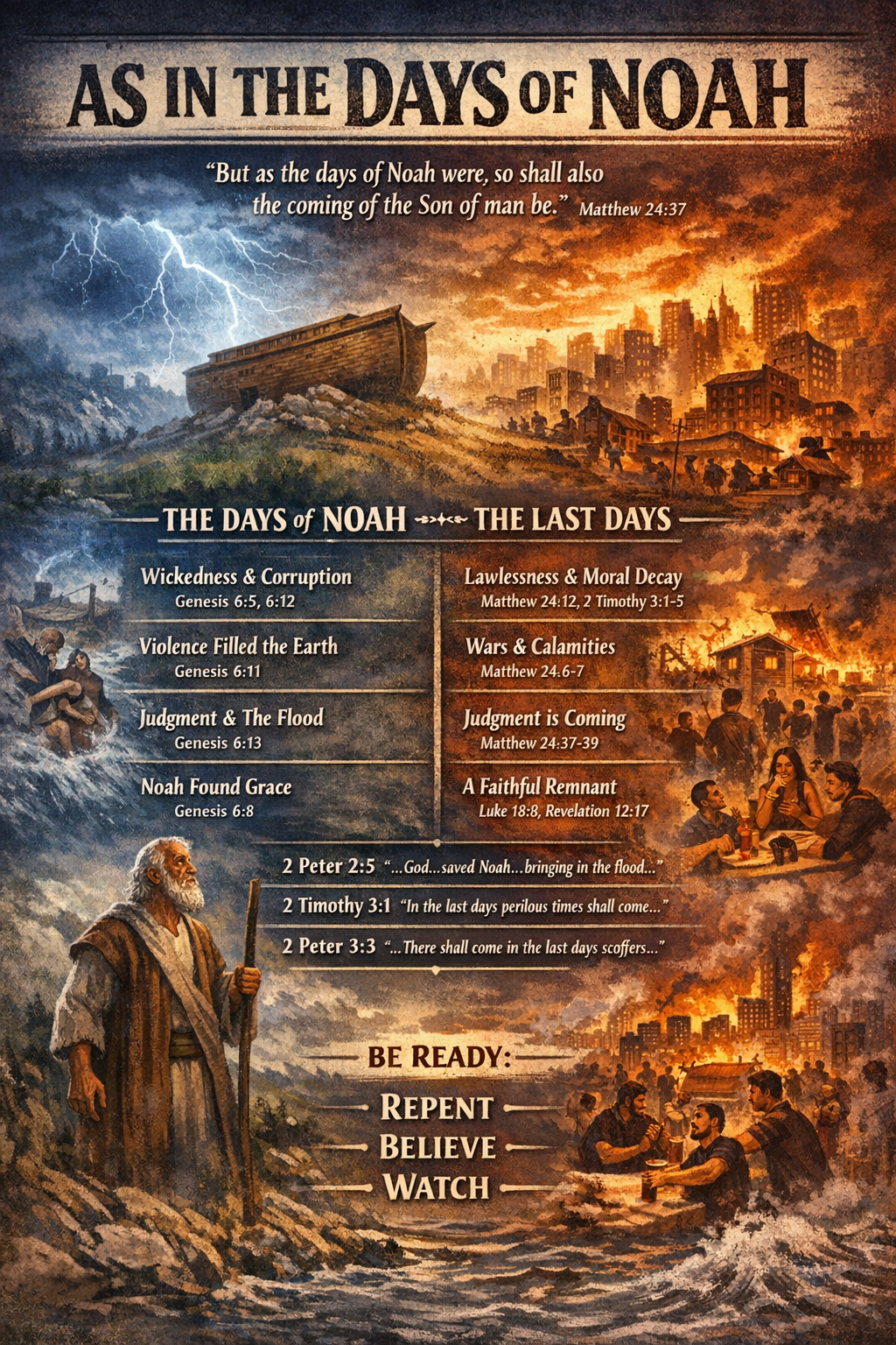 An illustrative infographic comparing the days of Noah with modern times, featuring Noah's Ark, stormy skies, and urban decay. Text highlights biblical references about wickedness, judgment, and a call to be ready through repentance, belief, and vigilance.