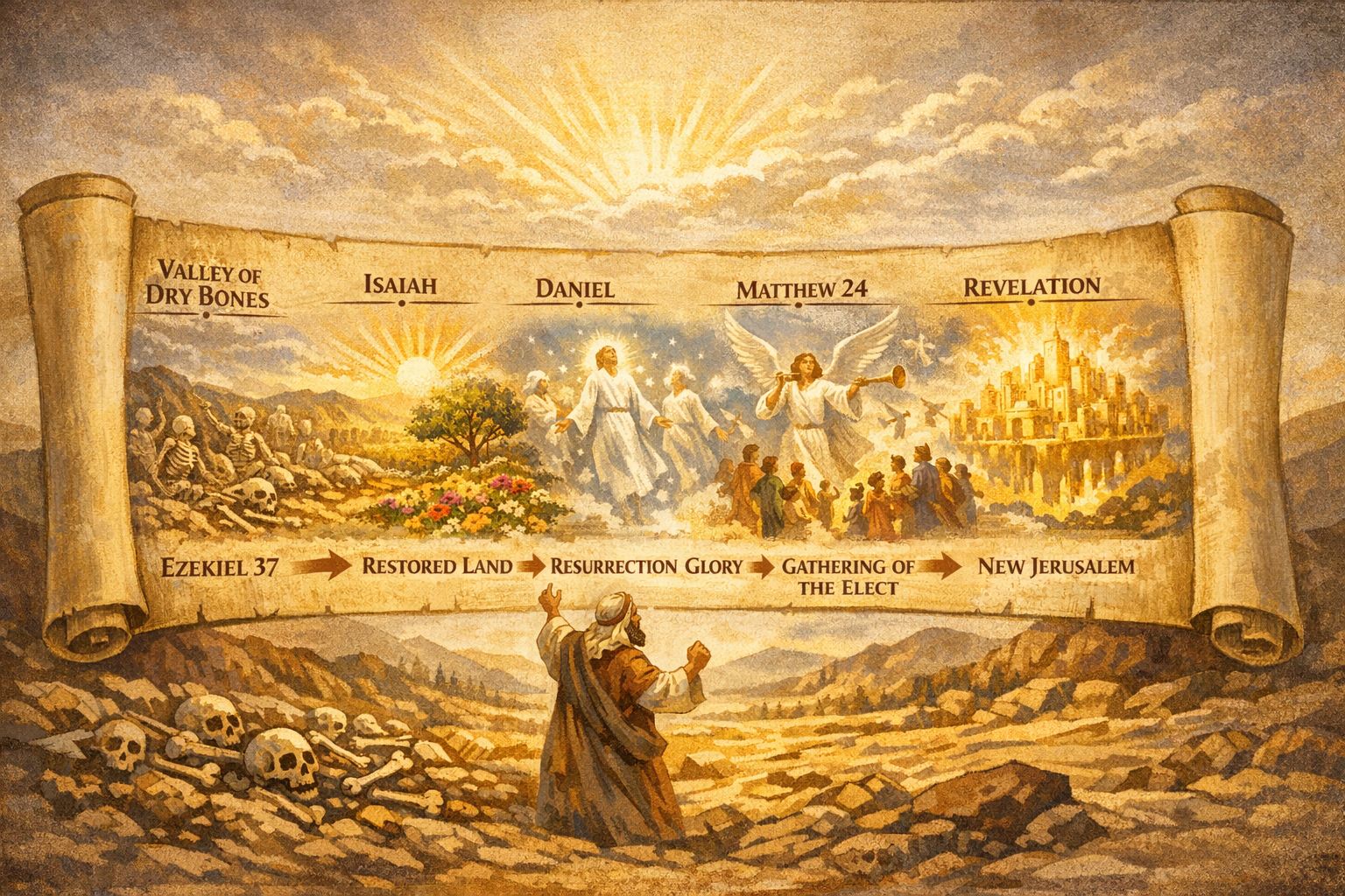 Illustration depicting a scroll with biblical themes including 'Valley of Dry Bones,' 'Ezekiel 37,' 'Isaiah,' 'Daniel,' 'Matthew 24,' 'Revelation,' and 'New Jerusalem,' with imagery of resurrection and gathering.