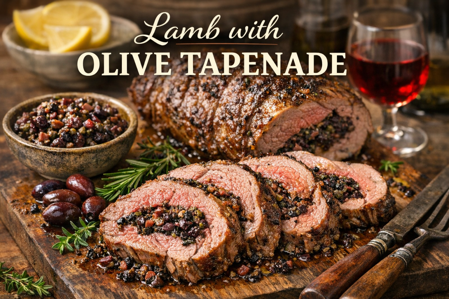 Lamb roast stuffed with olive tapenade sliced on wooden board with herbs and olives