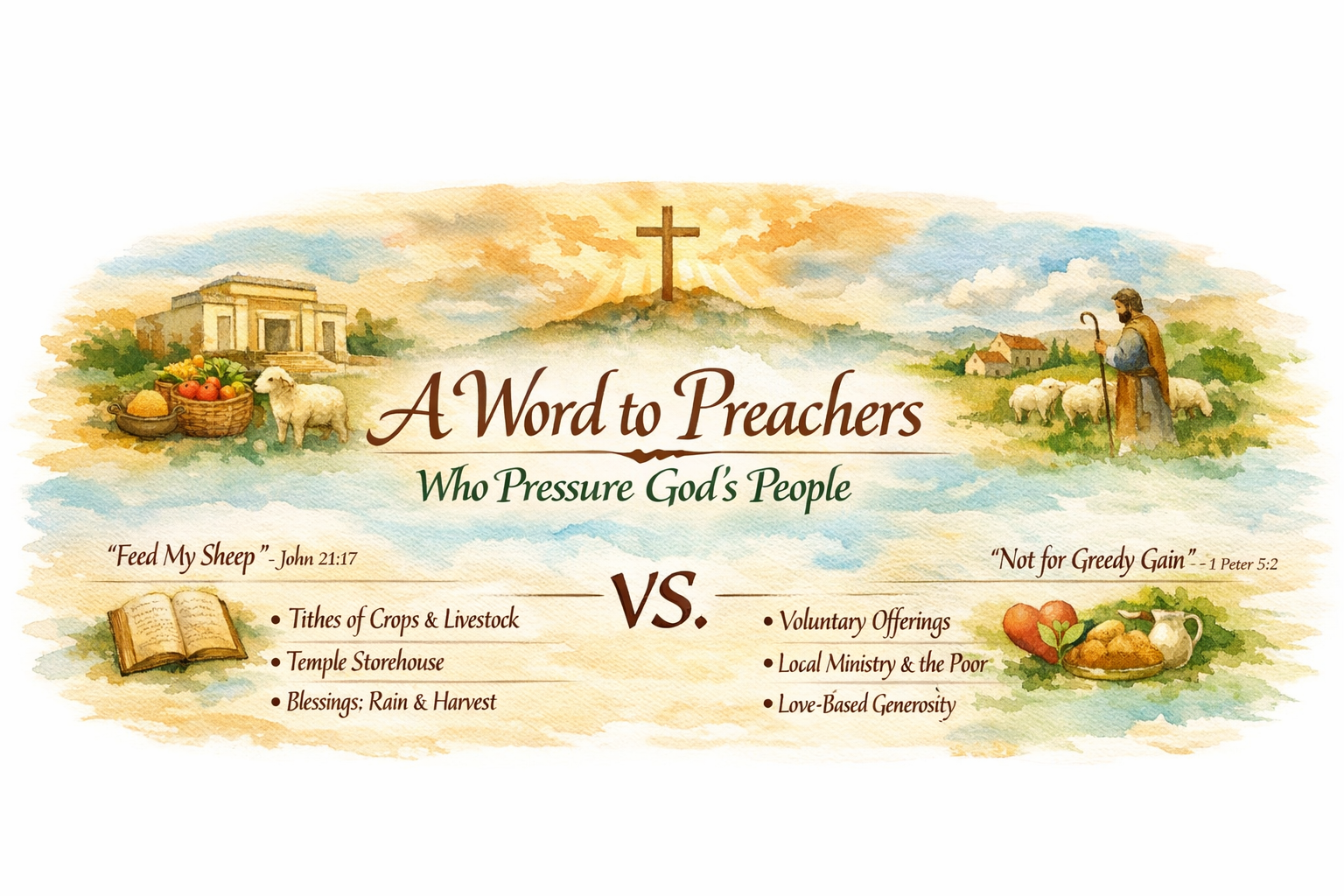 Illustration depicting a biblical theme contrasting the concept of mandatory tithes with voluntary offerings. Features elements like a cross, sheep, crops, and a shepherd, along with text highlighting scriptures from John and Peter.