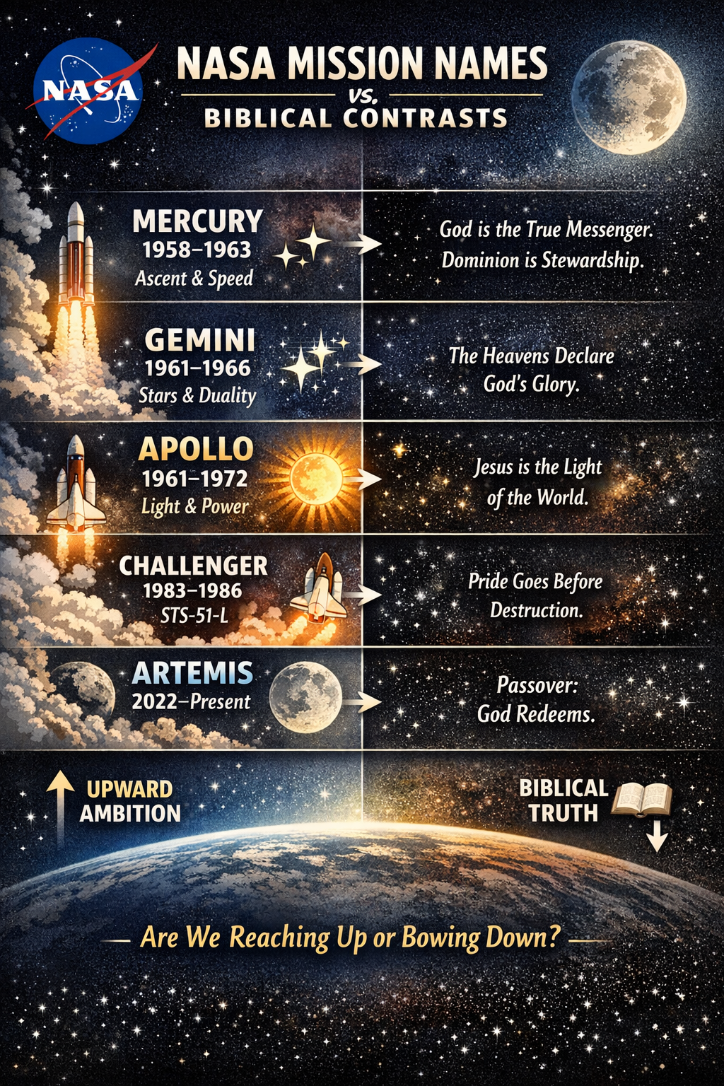 🌙 Timeline of NASA Mission Names with Biblical Contrasts