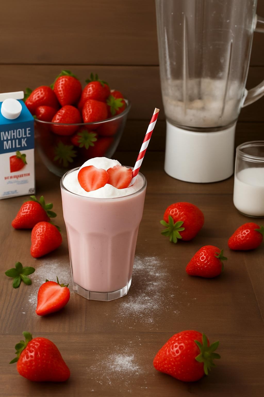 A glass of strawberry milkshake with whipped cream and strawberry slices, surrounded by ingredients and a recipe card