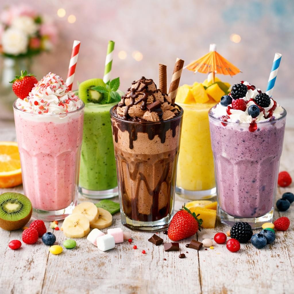 Five milkshakes with different flavors and toppings including strawberry, kiwi, chocolate, pineapple, and mixed berries.
