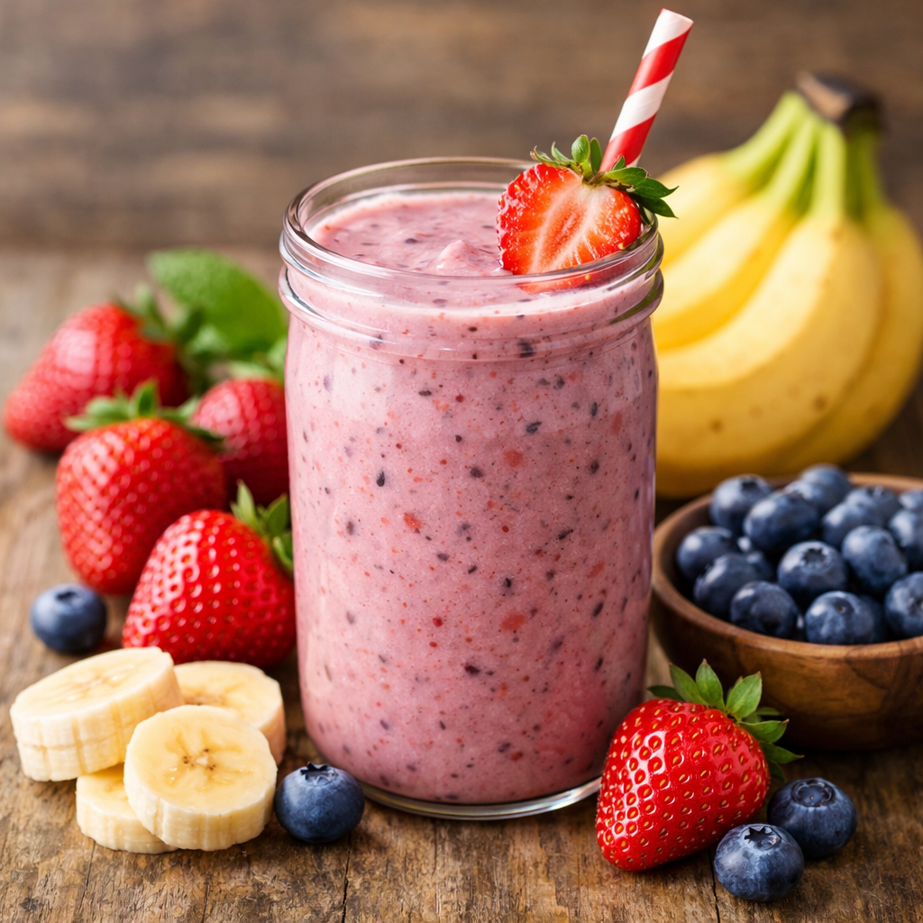 Mason jar filled with pink berry and banana smoothie garnished with a strawberry slice and striped straw, surrounded by strawberries, banana slices, and blueberries