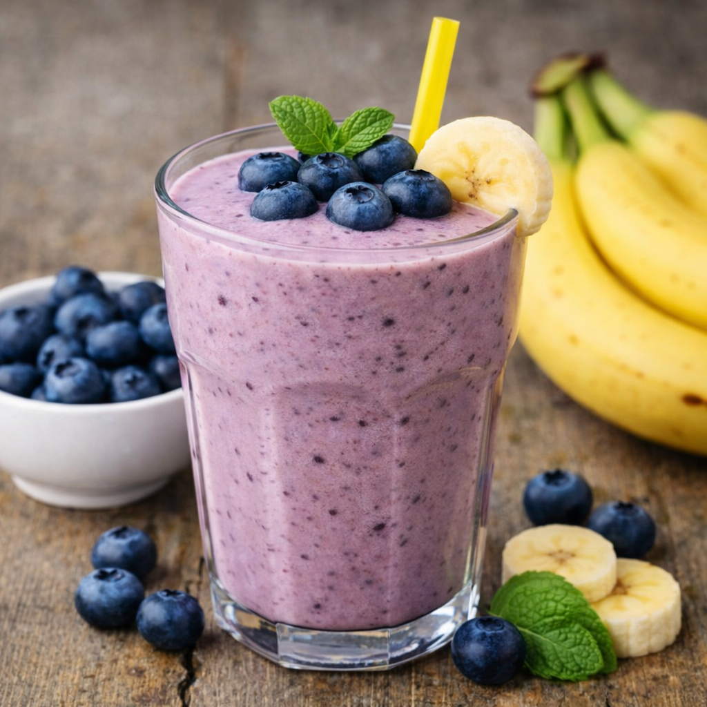 Glass of blueberry banana smoothie topped with blueberries, banana slice, and mint