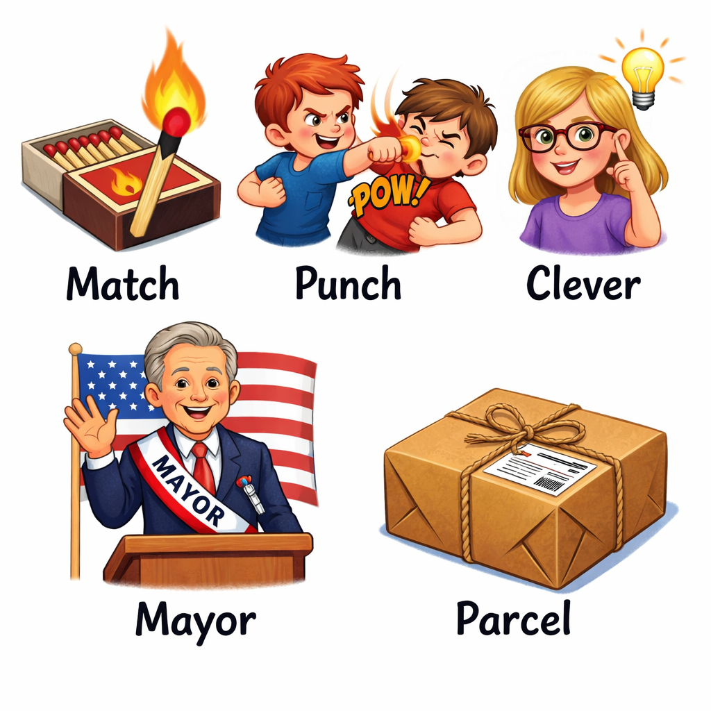 Illustrations of a lit match, one boy punching another, a girl with a lightbulb, a mayor with an American flag, and a tied parcel package