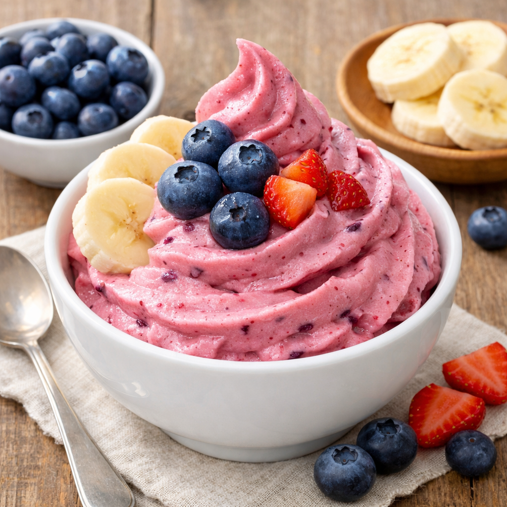 Smoothie bowl with pink berry smoothie topped with blueberries, banana slices, and strawberries