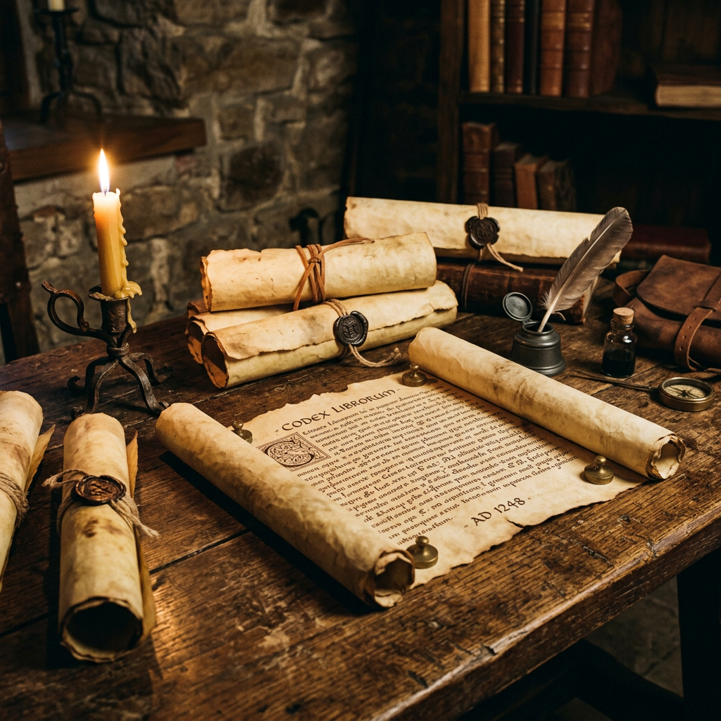Ancient manuscripts, quill with ink, lit candle on wooden desk in vintage setting