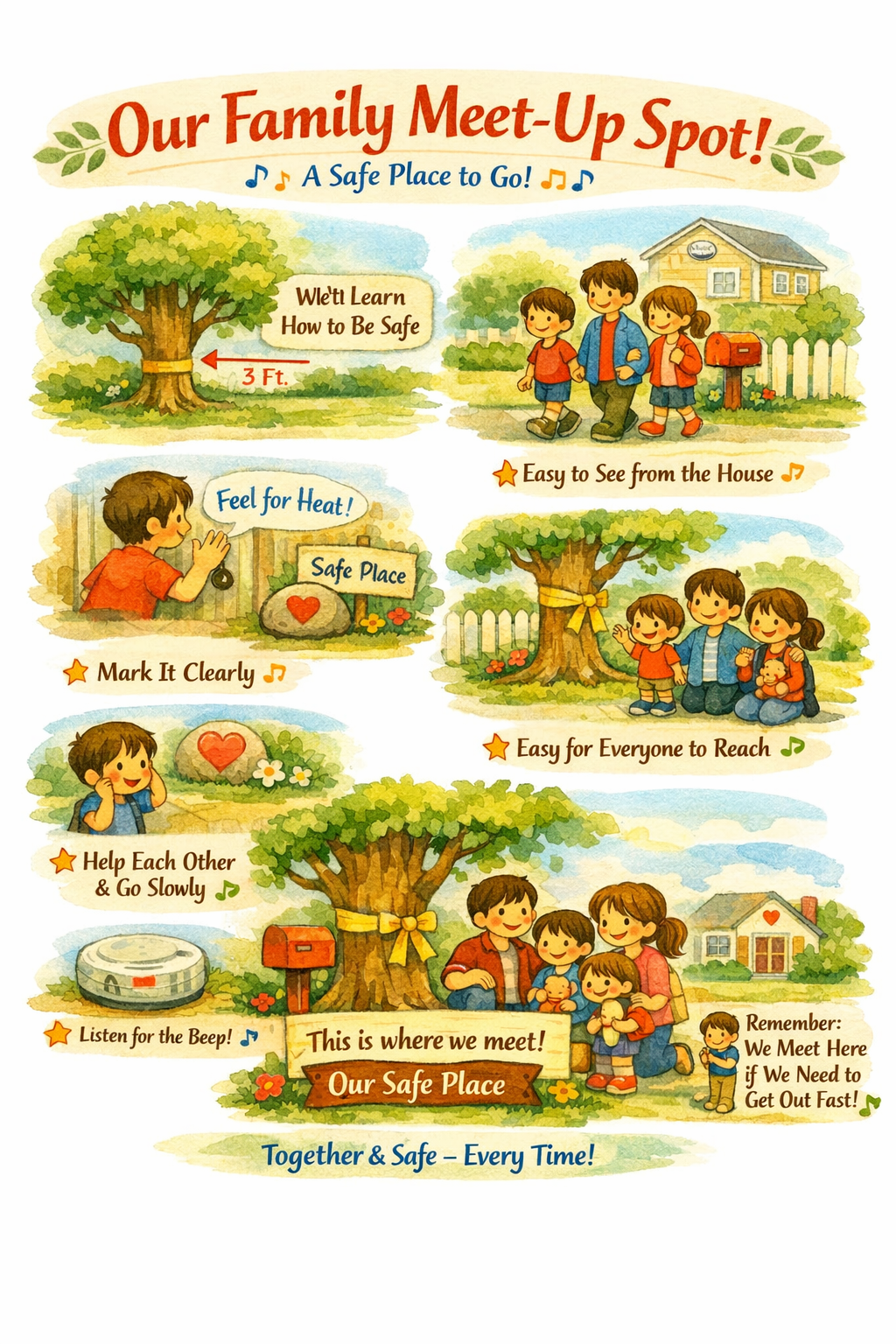 Illustration highlighting a family's meet-up spot with tips for safety, including markings and guidance for children.