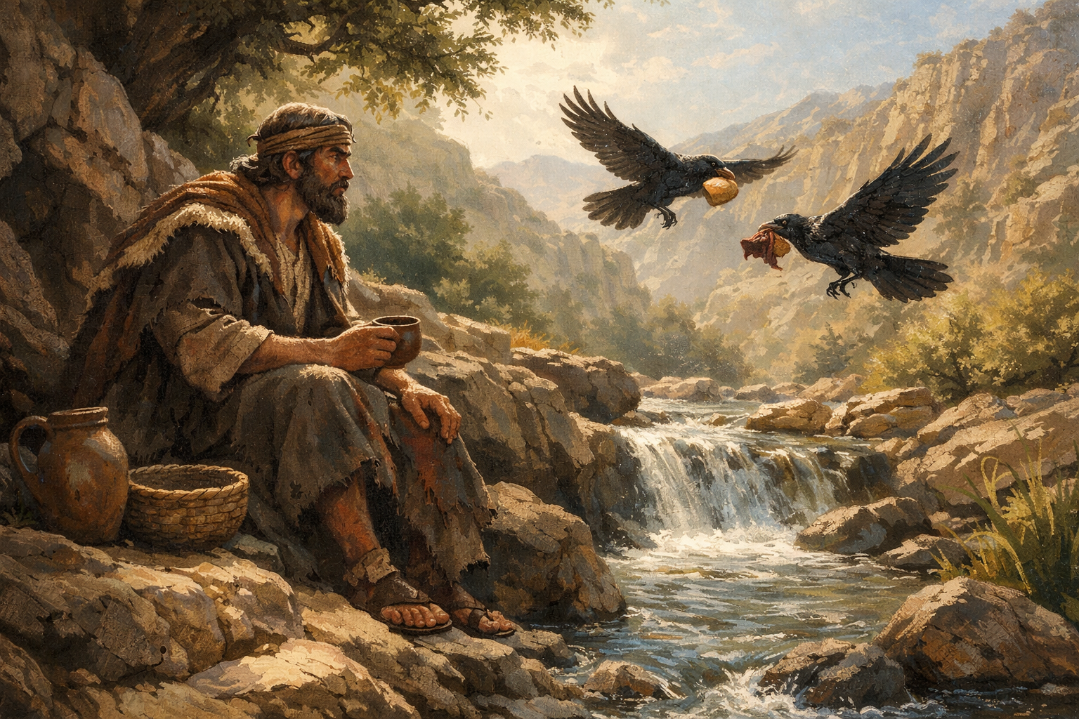 Elijah is by the brook being brought food by Ravens