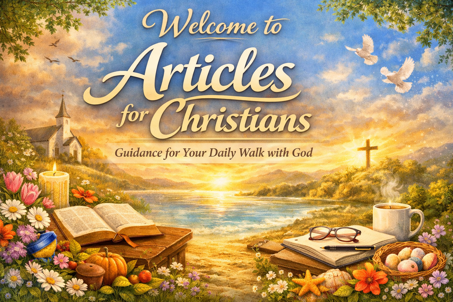 It features an open Bible, candlelight, and sunrise over a peaceful landscape — all symbols of guidance and renewal in daily Christian living.