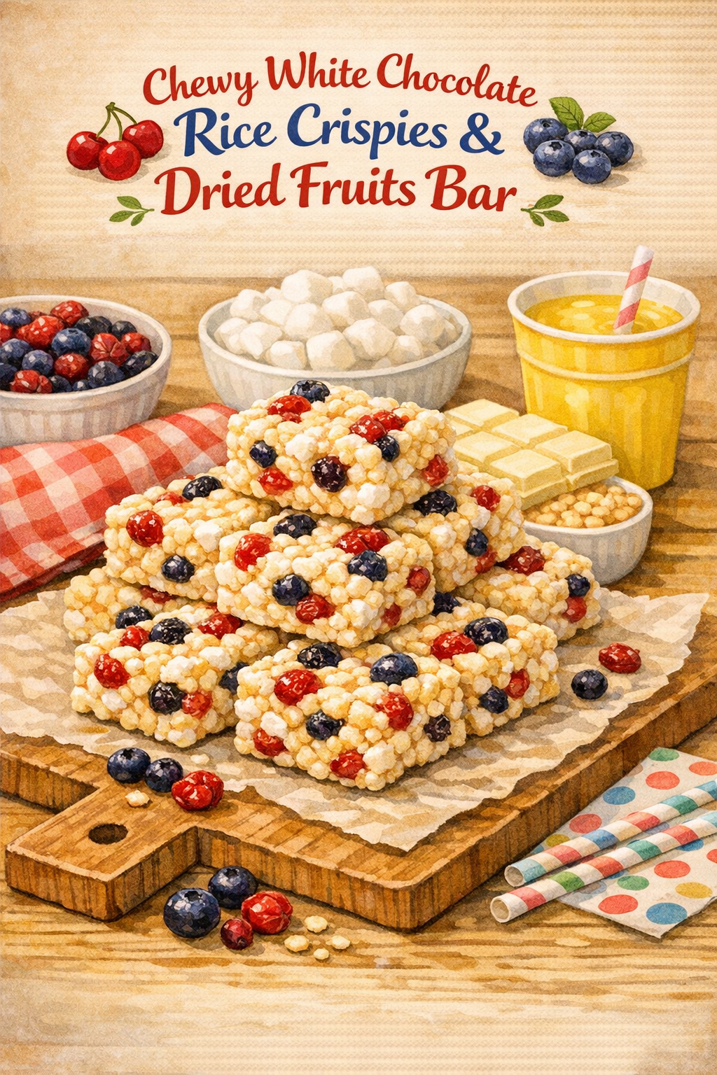 Chewy White Chocolate Rice Crispies and Dried Fruit Bar