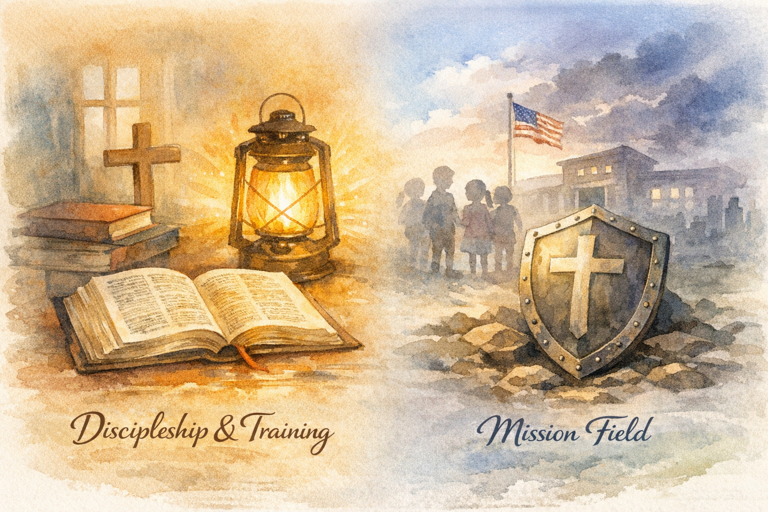 A symbolic image (Bible + light + shield) showing discipleship vs. mission, Soft contrast between “training” and “mission field”, all in Soft watercolor