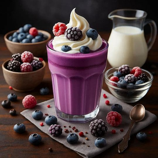 To make a refreshing berry smoothie, blend 1 1/2 cups of milk with 1/2 cup each of frozen blueberries, blackberries, and raspberries. Blend the ingredients on medium until smooth and serve chilled. Enjoy this delicious treat! Recipe by Bell.