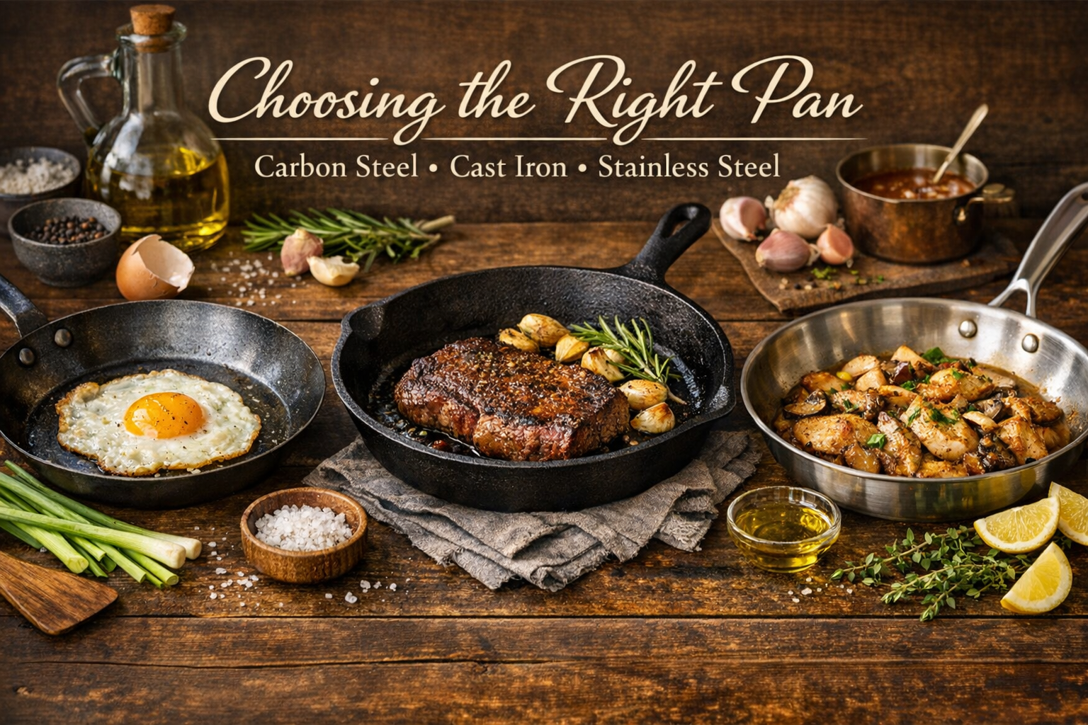Three pans showing cooking examples: fried egg in carbon steel, steak with garlic in cast iron, sautéed chicken with mushrooms in stainless steel