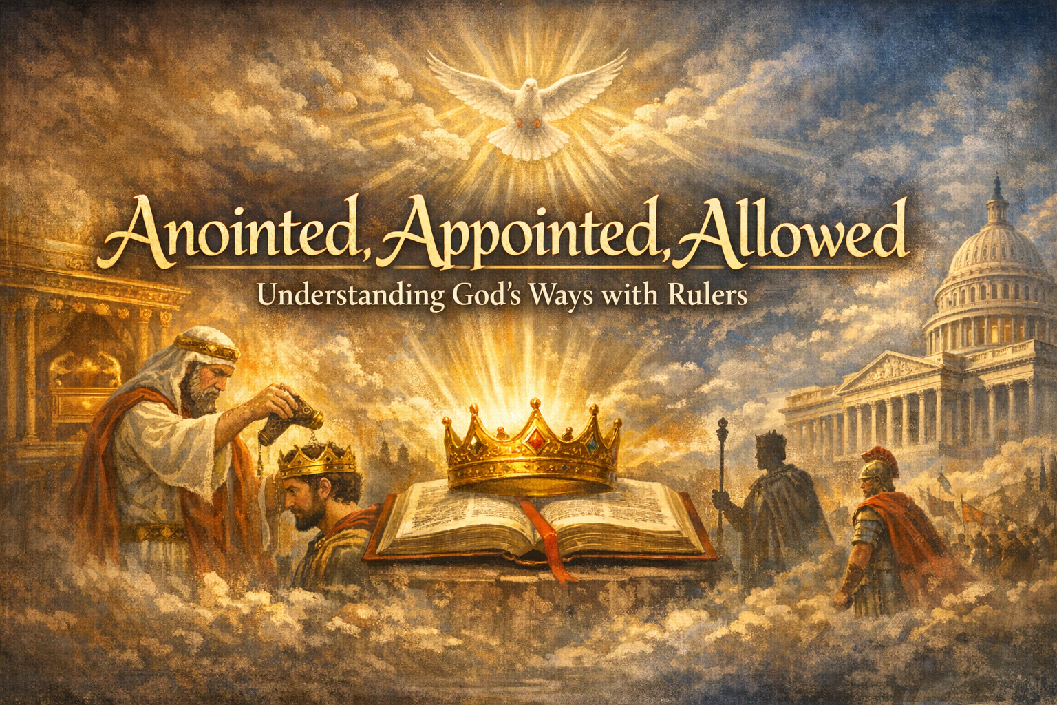 Anointed, Appointed, Allowed Understanding God’s Ways with Rulers text with a priest anointing a crowned man, a glowing crown on an open book, a dove with rays of light above, and ancient and classical buildings in the background