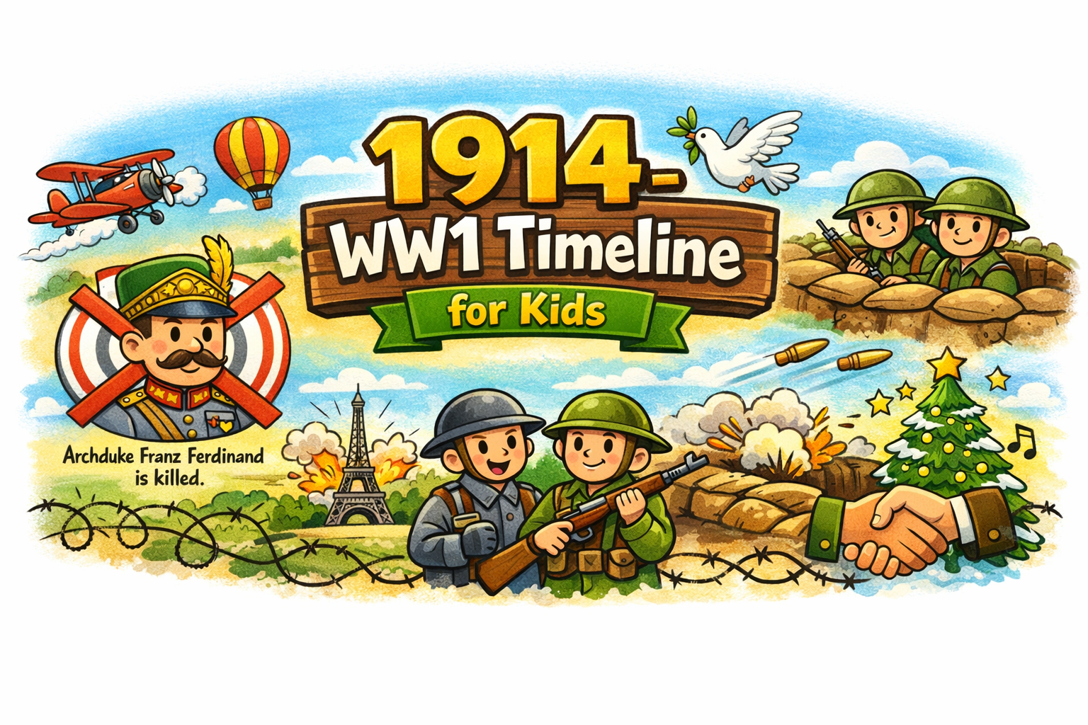 1914 WW1 Timeline for Kids with cartoon soldiers, handshake, Easter dove, and Archduke Franz Ferdinand labeled as killed