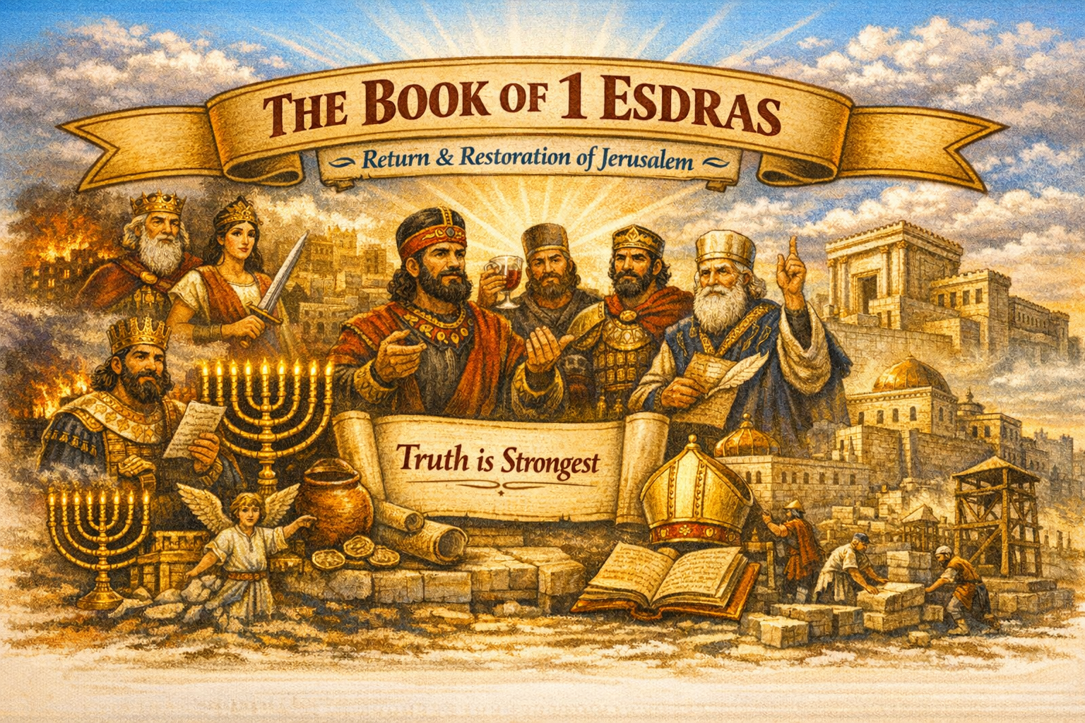 The Book of 1 Esdras Return & Restoration of Jerusalem with historical figures and city rebuilding