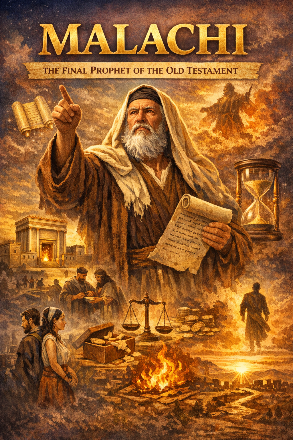 Malachi holding a scroll and pointing upward, surrounded by biblical symbols such as scales, an hourglass, coins, a fire, and a temple.