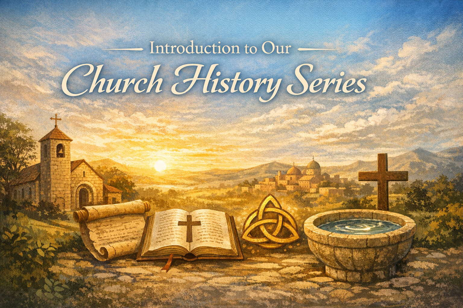 Ancient church, scroll, open Bible with a cross, Celtic knot, baptismal font, and wooden cross at sunset