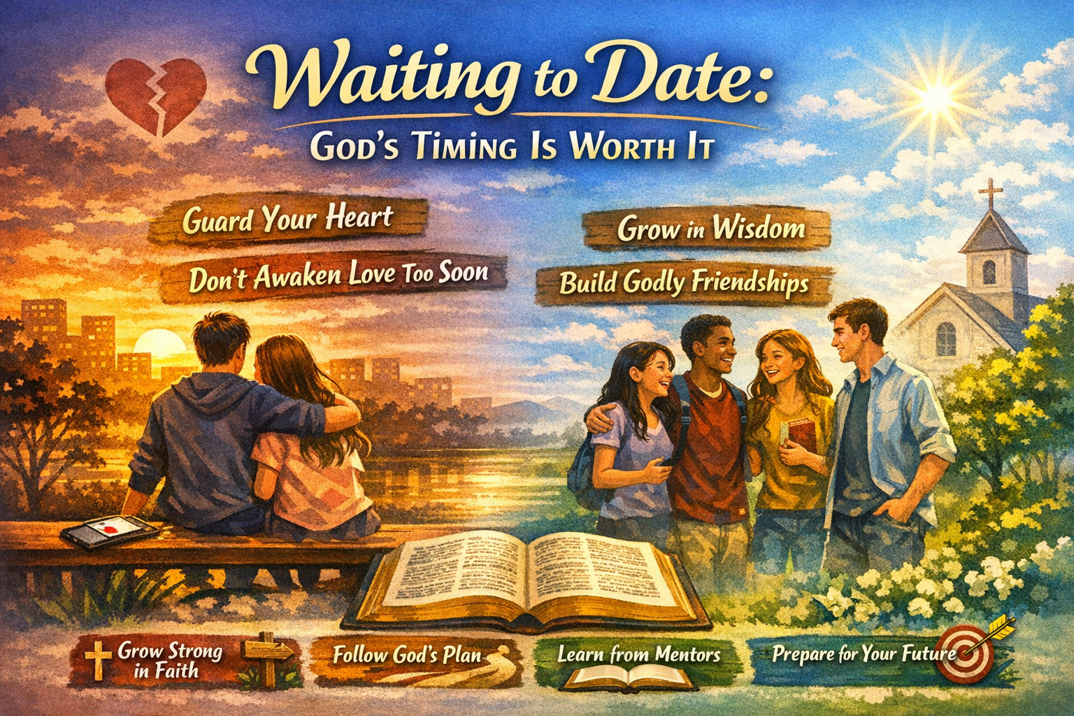 Illustration of young people embracing faith and friendship while waiting to date