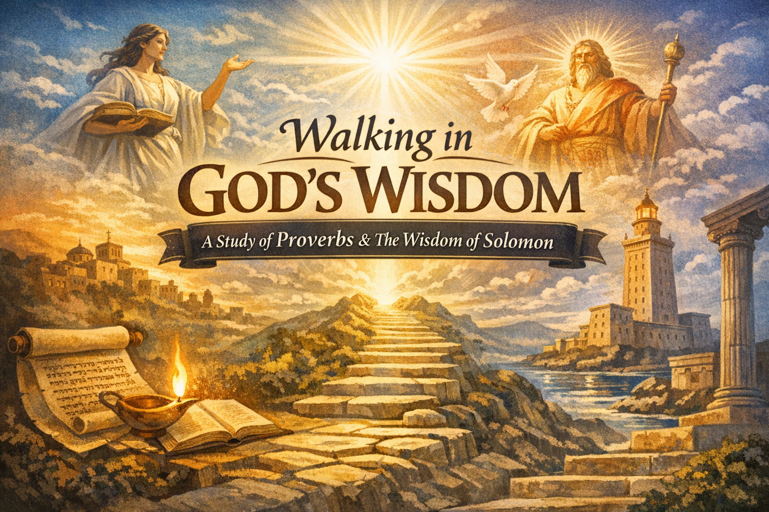 Walking in God's Wisdom, a study of Proverbs and the Wisdom of Solomon with an angel holding a book, a divine figure with a staff, a dove, ancient scroll and lamp, stone steps leading to a radiant light