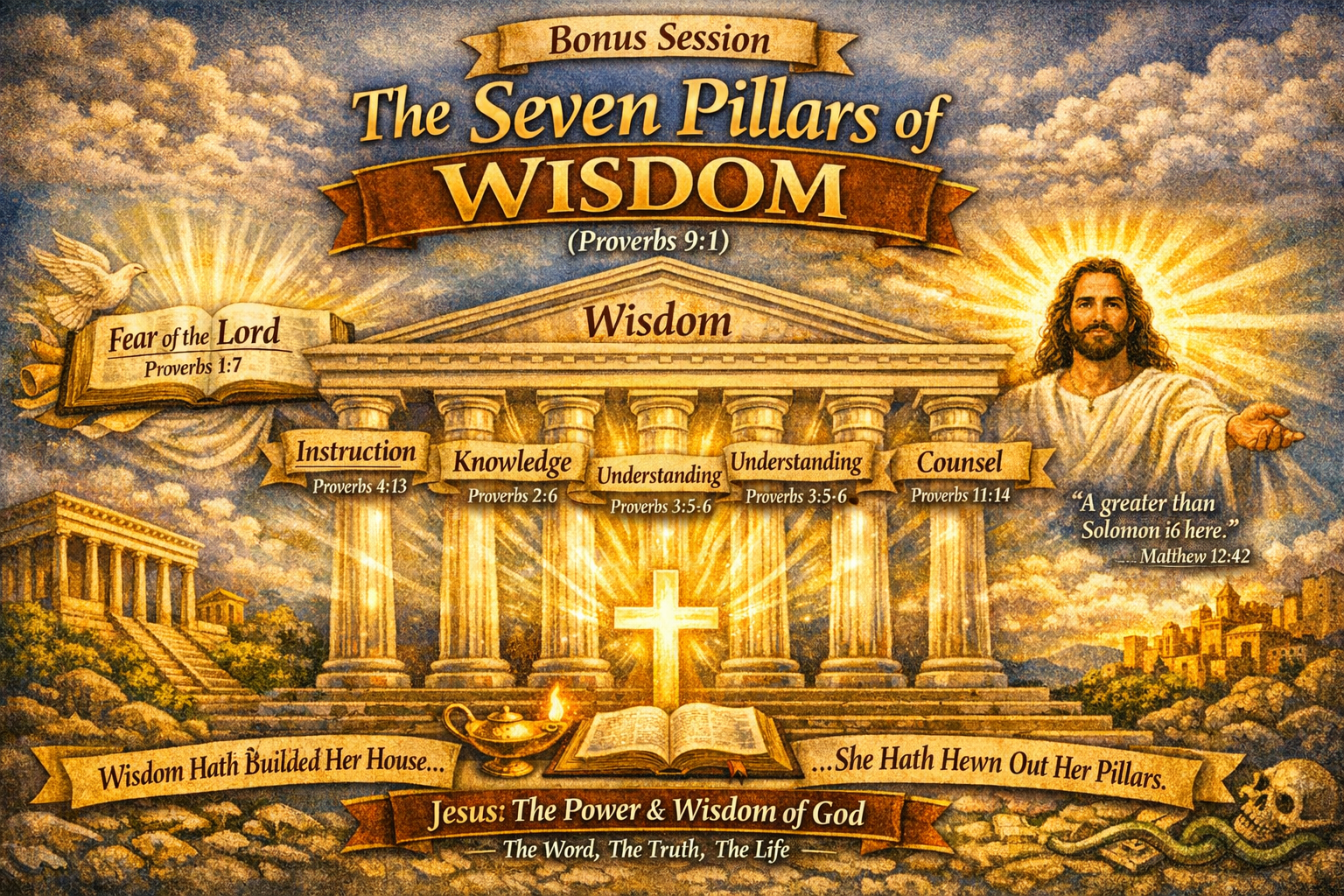 The Seven Pillars of Wisdom from Proverbs 9:1 showing pillars labeled Fear of the Lord, Instruction, Knowledge, Understanding, and Counsel with biblical references, a glowing cross, an open Bible, a dove, and an image of Jesus with a radiant halo