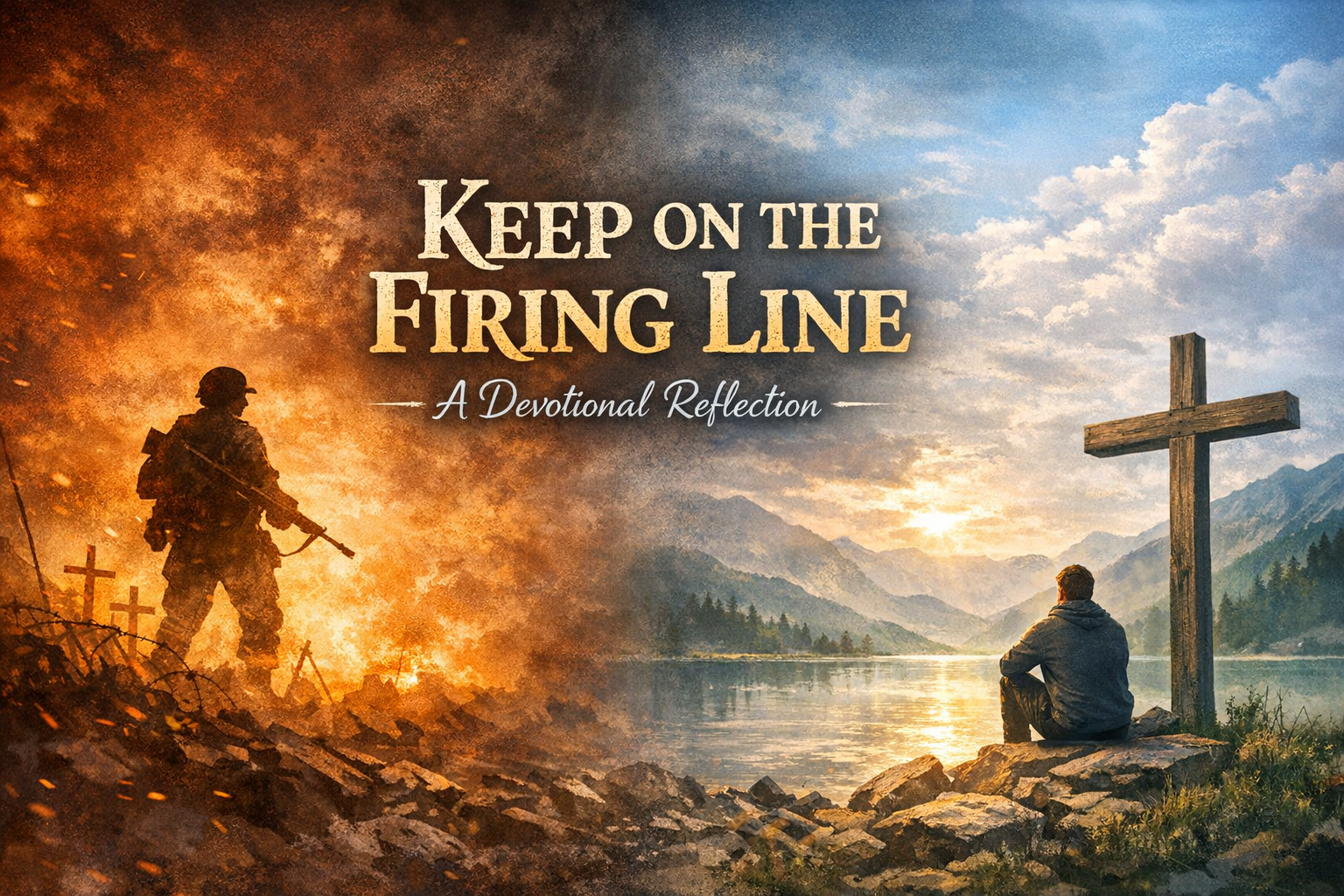 Silhouette of a soldier standing near crosses in a fiery battlefield on the left, and a person sitting by a lake next to a large wooden cross with mountains and a sunrise on the right; text reads Keep on the Firing Line A Devotional Reflection