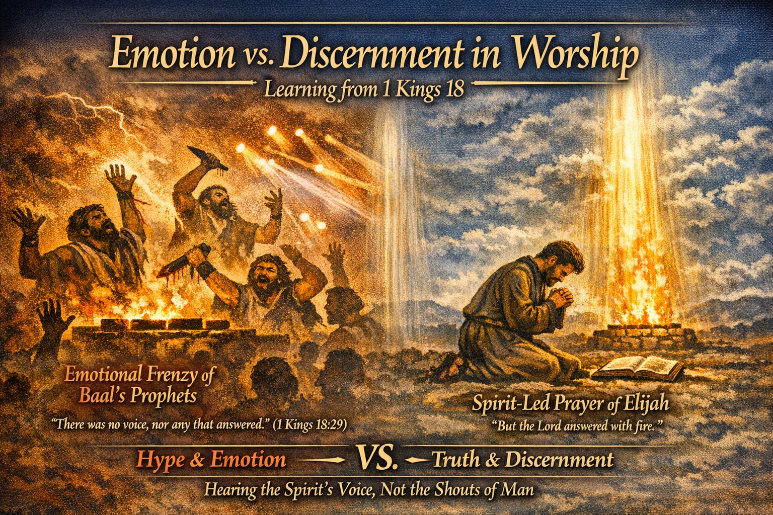 Contrast between Baal's prophets in emotional frenzy and Elijah in spirit-led prayer with fire from heaven