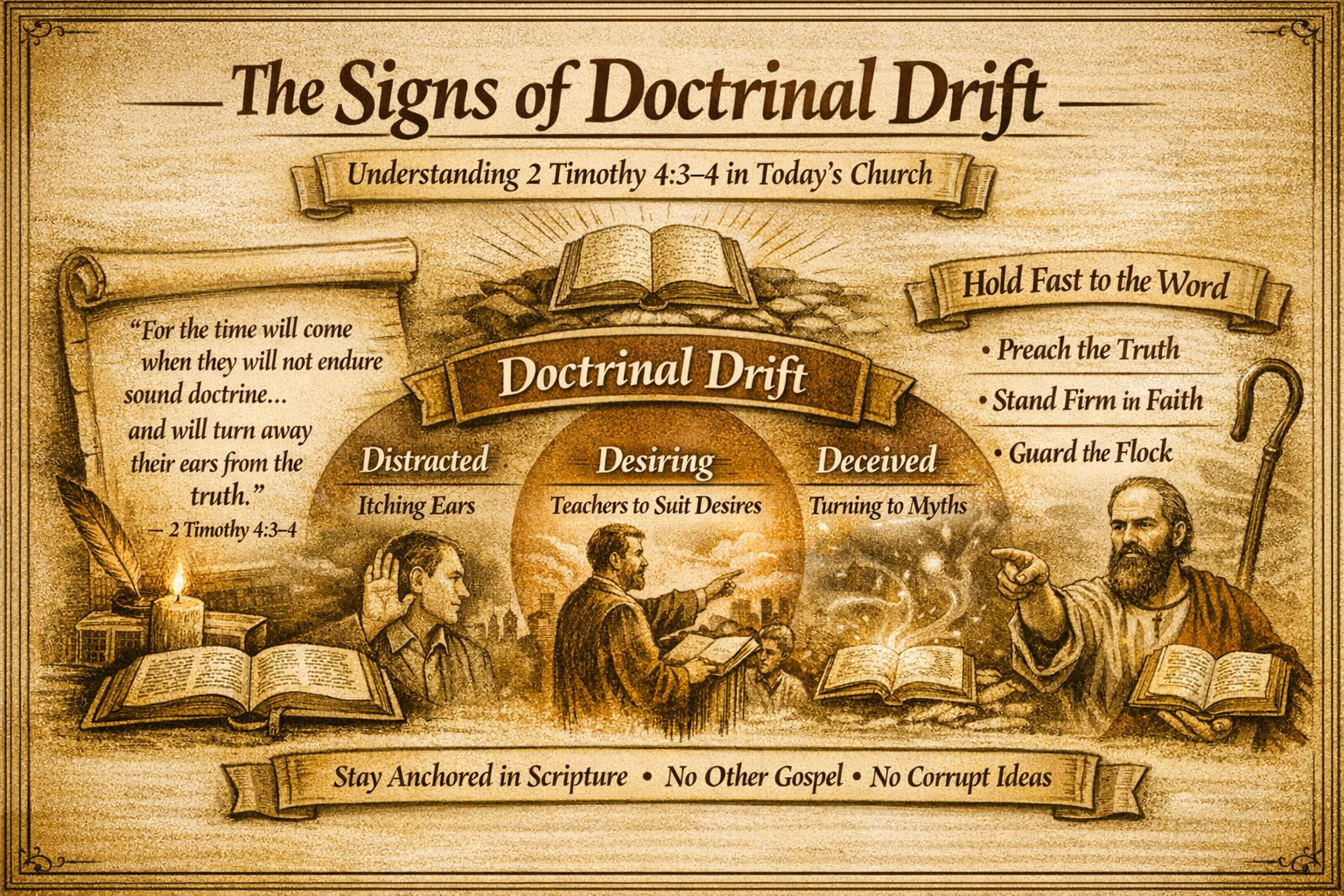 The Signs of Doctrinal Drift: Understanding 2 Timothy 4:3-4 in Today’s Church. Doctrinal drift illustrated by distracted (itching ears), desiring (teachers to suit desires), and deceived (turning to myths). Quote from 2 Timothy 4:3-4 about rejecting sound doctrine. Advice to hold fast to the word by preaching truth, standing firm in faith, and guarding the flock. Stay anchored in scripture with no other gospel or corrupt ideas.