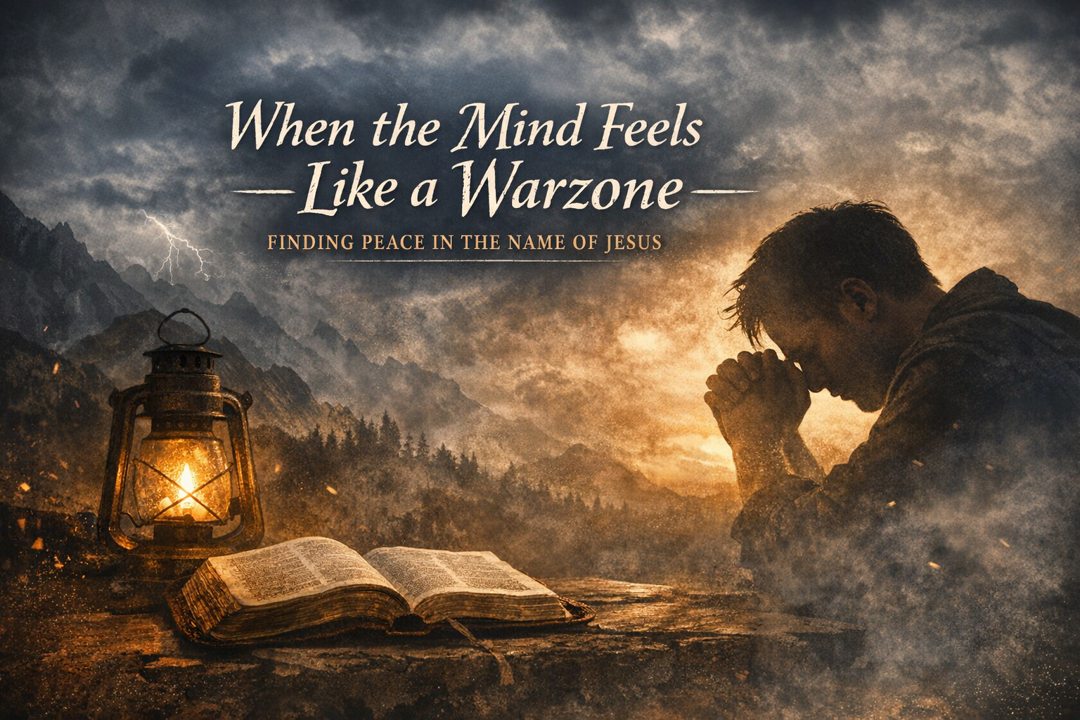 When the Mind Feels Like a Warzone Finding Peace in the Name of Jesus with a person praying next to a lit lantern and an open Bible on a stone surface