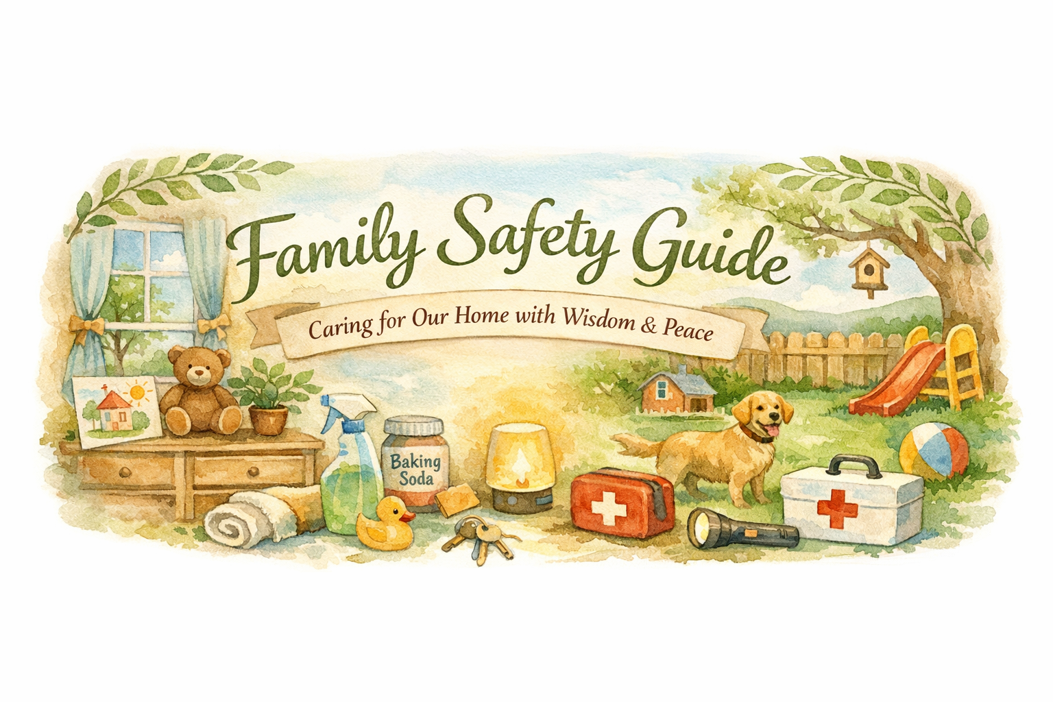 Illustration of a family safety guide theme, featuring a cozy home setting with a teddy bear, cleaning supplies, a dog, and safety kit items on a lawn with a playground in the background.