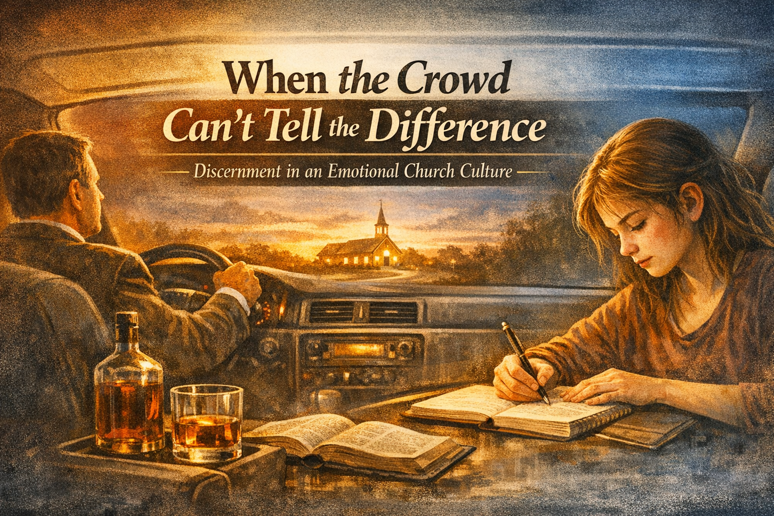 Man driving a car with a bottle and glass of whiskey on the console while a young woman writes in a notebook; church visible through windshield at sunset; text reads When the Crowd Can't Tell the Difference - Discernment in an Emotional Church Culture