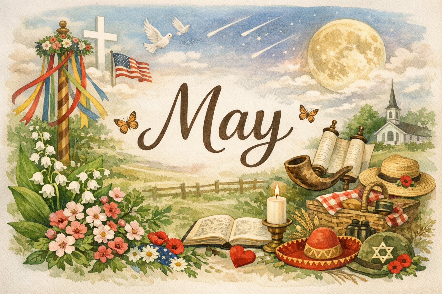 May written in script surrounded by spring flowers, a maypole with ribbons, American flag, doves, a church, a full moon, a lit candle, a picnic basket, hats, a shofar, a scroll, a heart, and binoculars